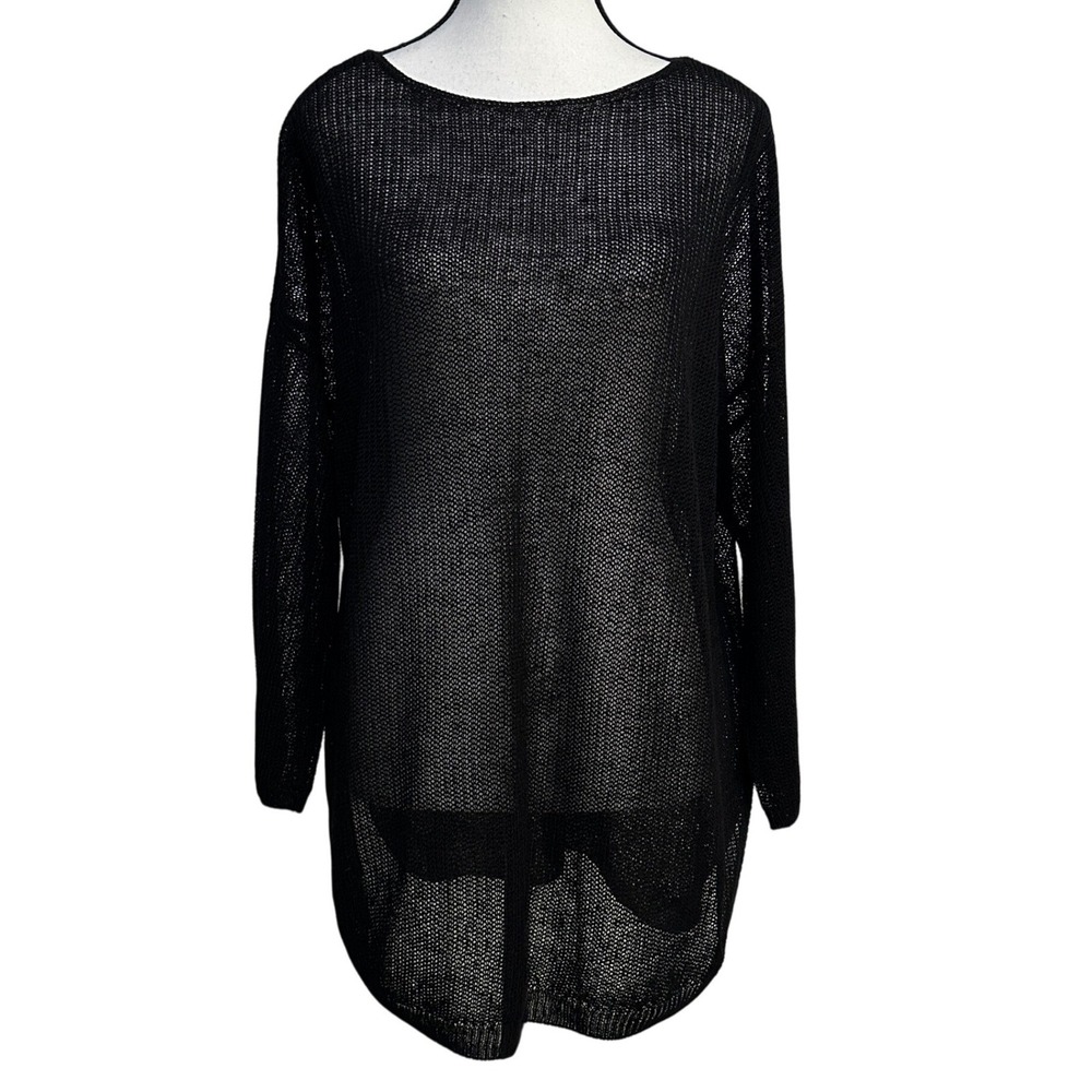 Open Knit Sheer Mesh Sweater Oversized Tunic Womens XL Black Whimsigoth Grunge